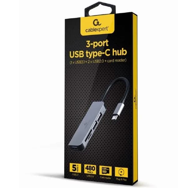 Hub USB-C Gembird 3 Ports USB 3.0 + Lecteurs SD/Microsd